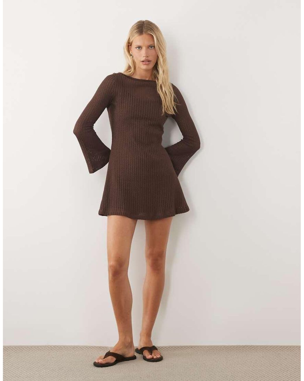 ASOS Brown Crochet Jersey Long Angel Sleeve Mini Dress