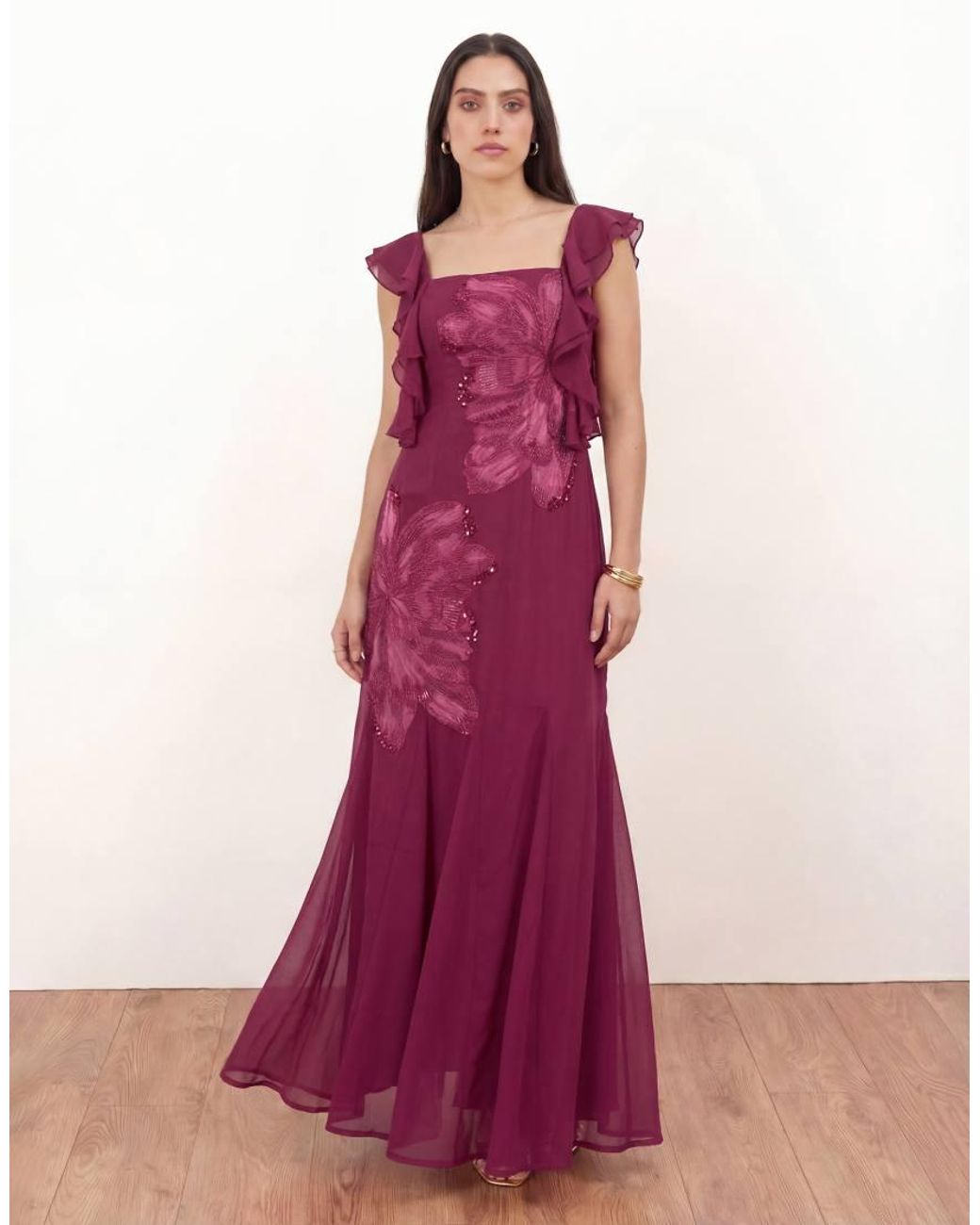 Maya Pink Floral Embroidered Strappy Godet Maxi Dress