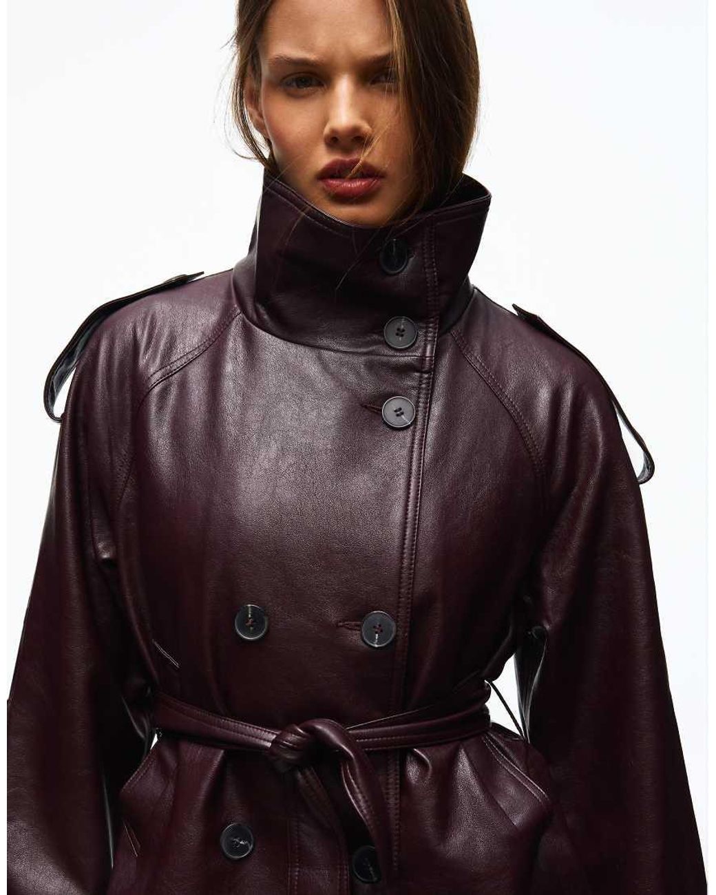 Bershka Red Short Leather Effect Trench Coat