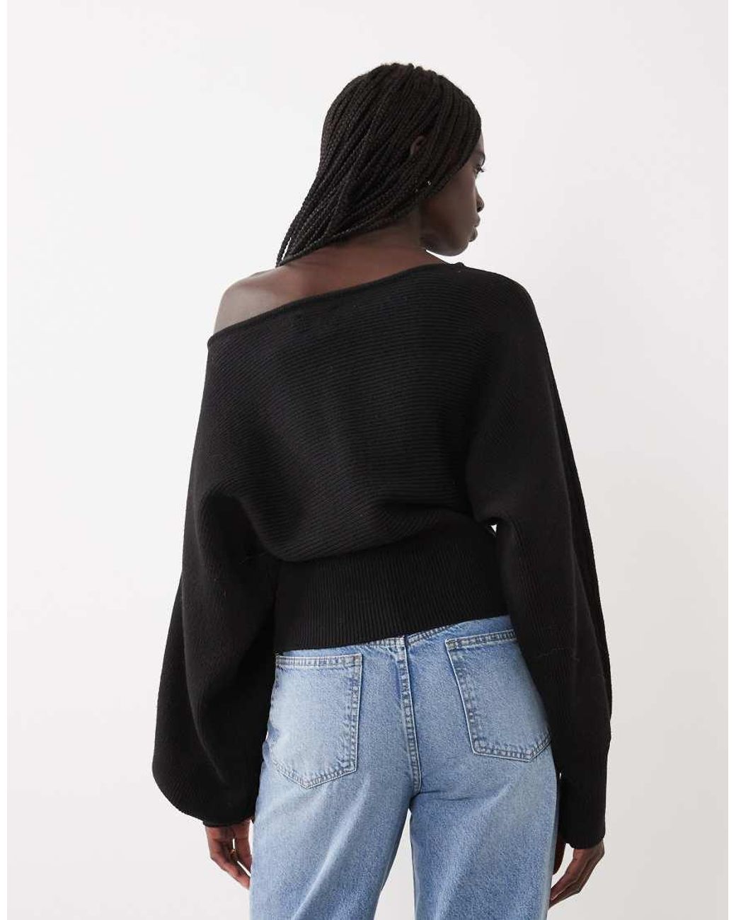 ASOS Black Structured Ribbed Nipped Waist Slash Neck Jumper
