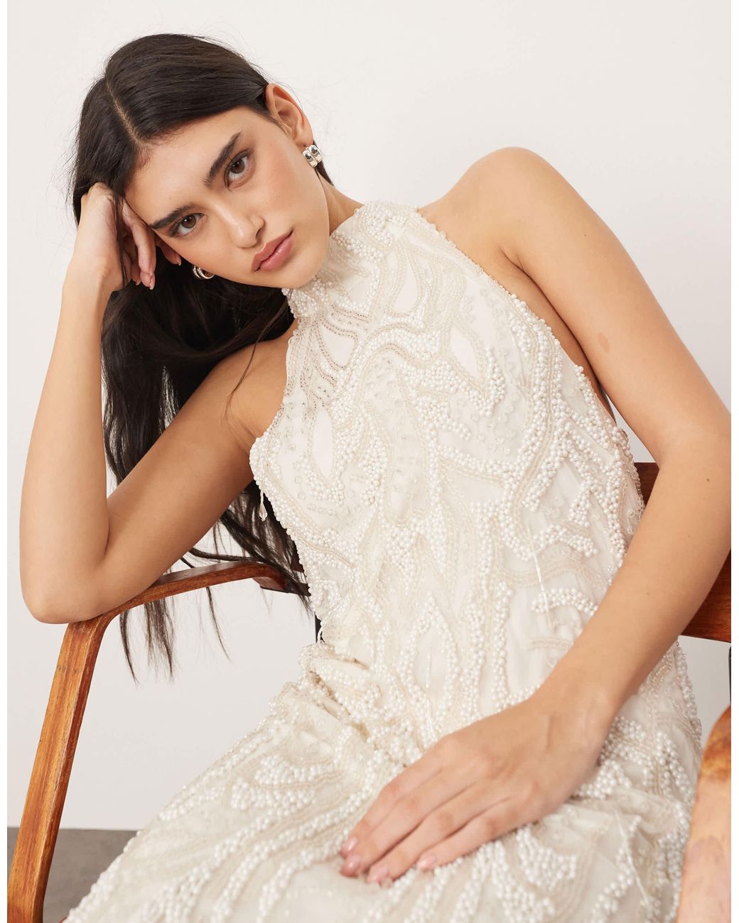 ARRANGE Embellished Pearl Crystal Halter Column Maxi Dress in Natural | Lyst