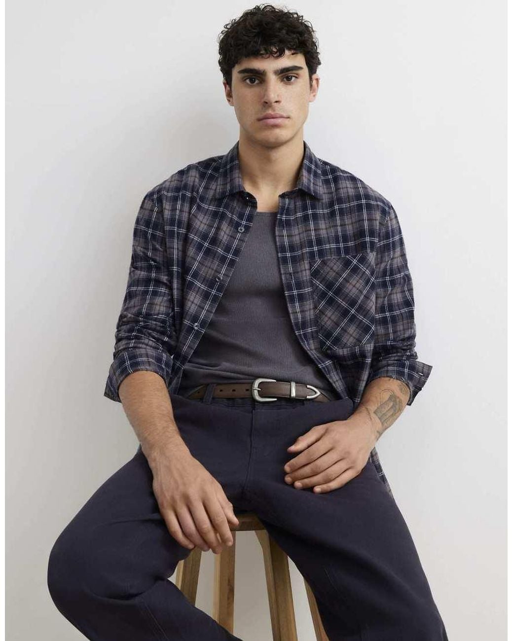 River Island Blue Regular Fit Check Long Sleeve Shirt for men