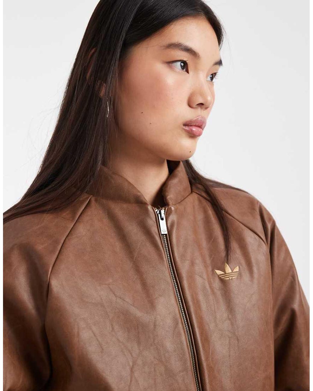 Adidas Originals Brown Faux Leather Bomber Jacket