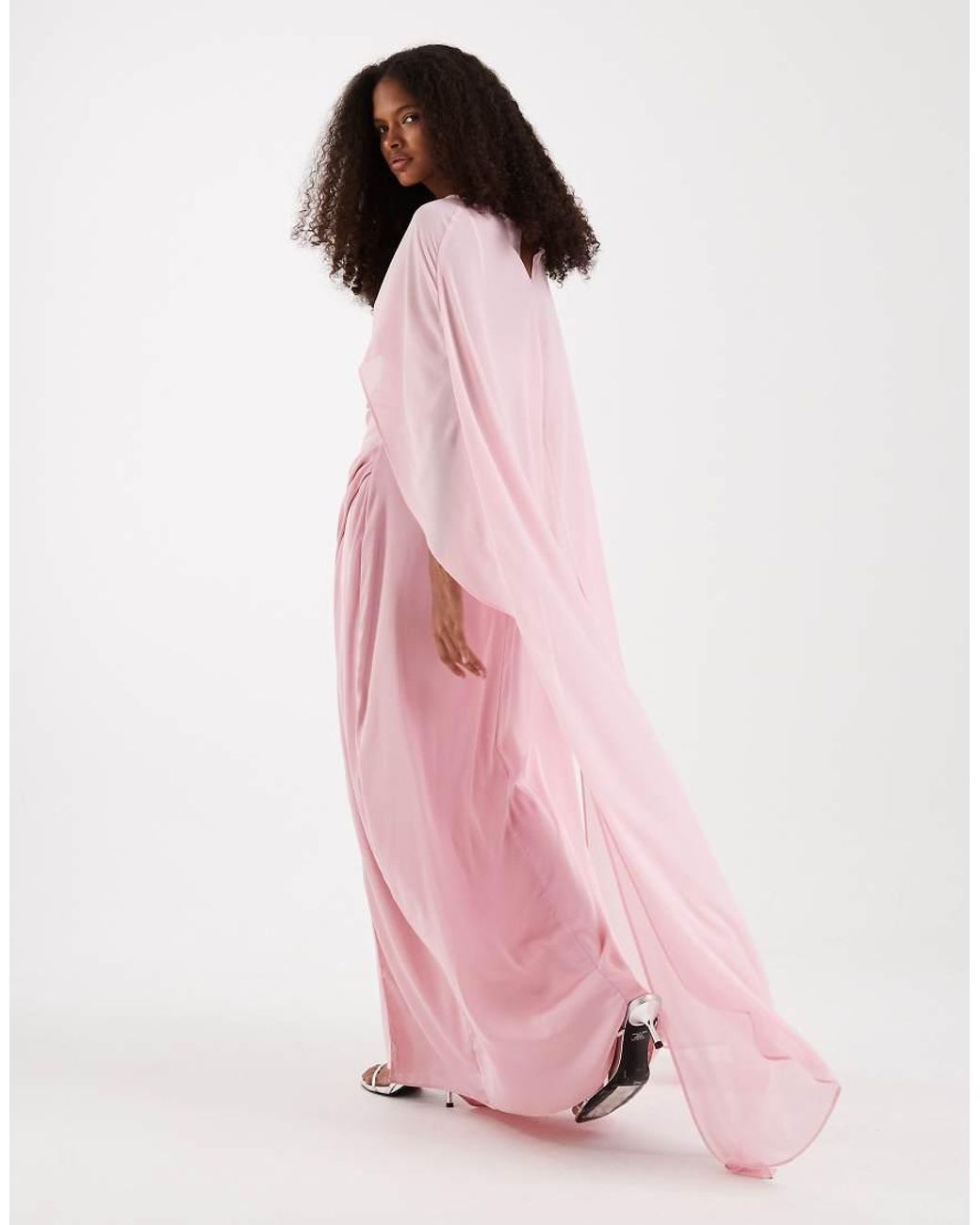 TFNC London Pink Bridesmaids Satin Maxi Dress With Mesh Cape