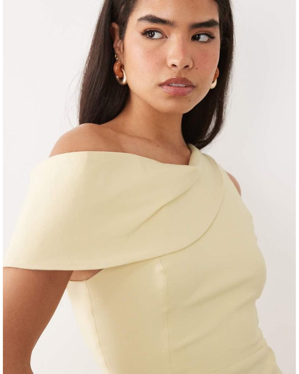 Vesper Brown Bengaline Drape Off Shoulder Maxi Dress