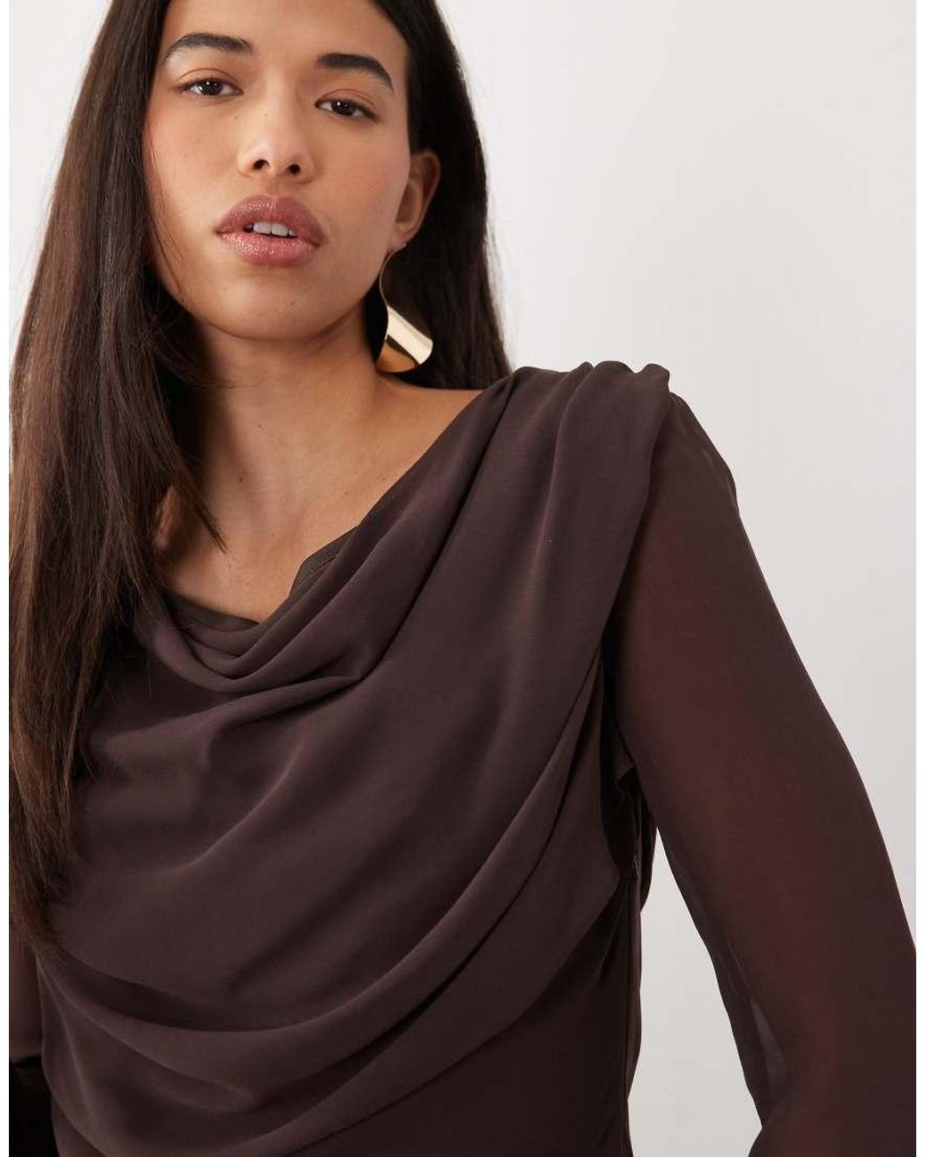 DASKA Brown Chiffon Cowl Neck Maxi Dress With Mesh Detail