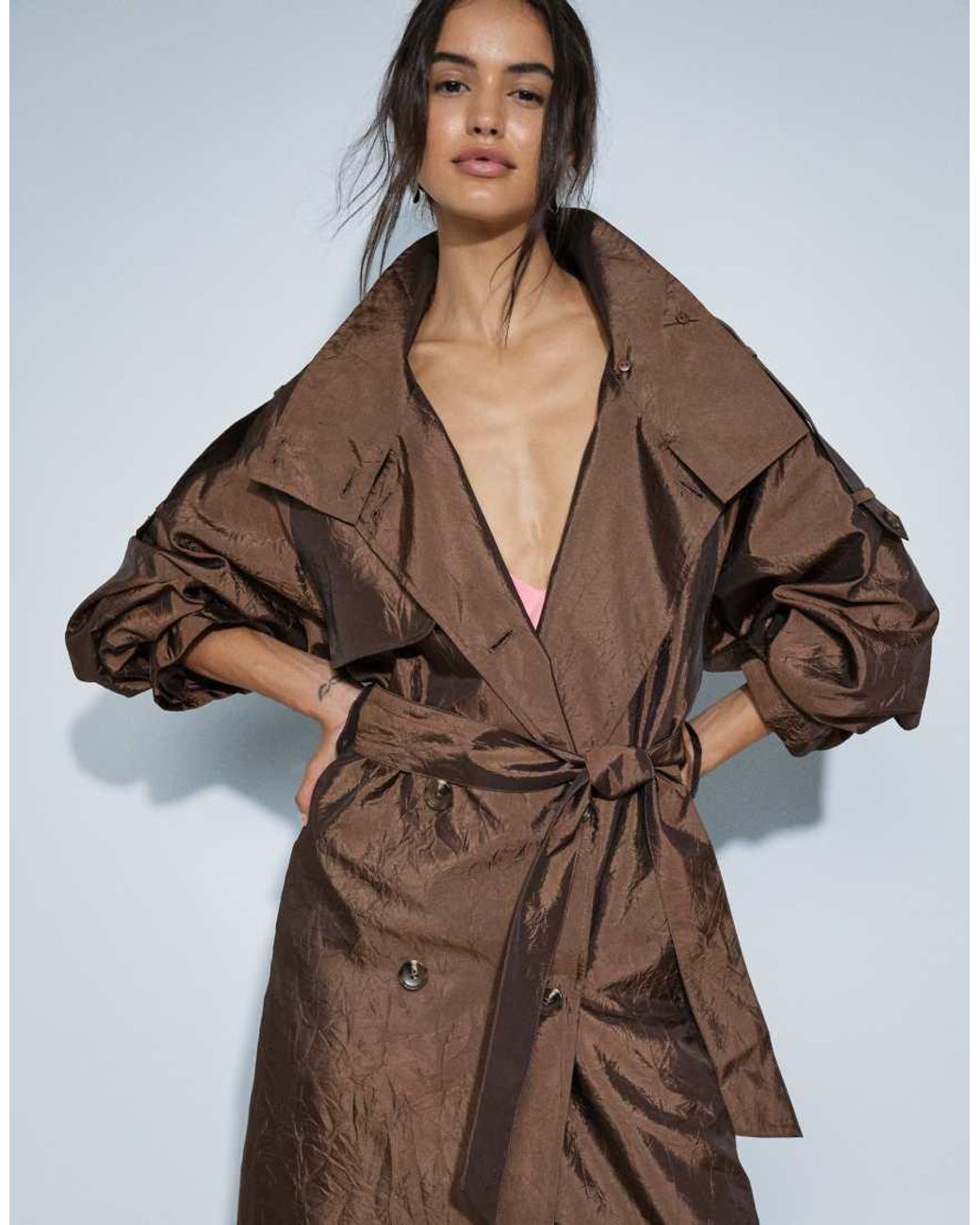 ASOS Brown Longline Oversized Trench Coat With Shoulder Pad