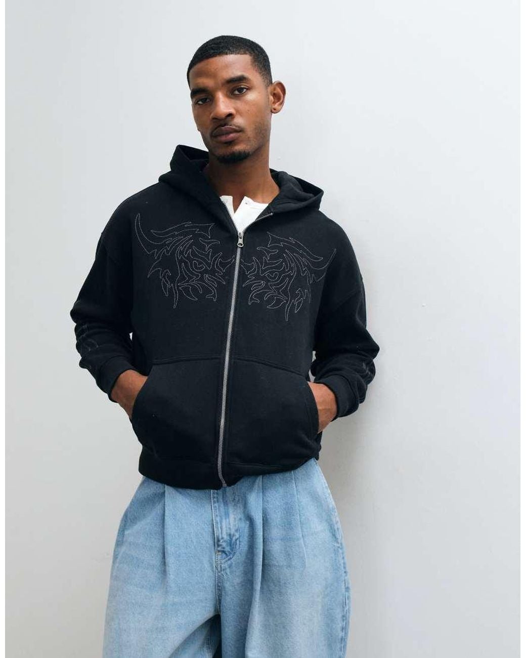 Hollister Blue Boxy Fit Hoodie With Sleeve Detail for men