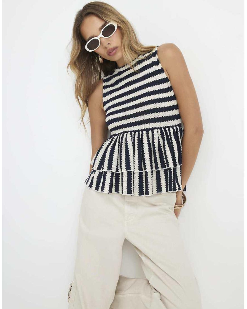 River Island Blue Stripe Textured Peplum Top