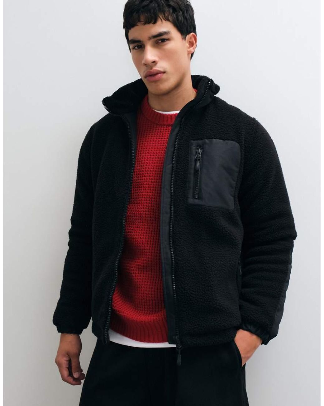 Only & Sons Blue Padded Sherpa Fleece With Contrast Pocket for men