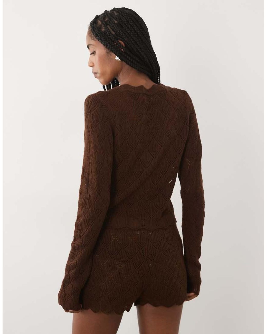 Miss Selfridge Brown Knitted Crochet V-neck Cardigan Co-ord