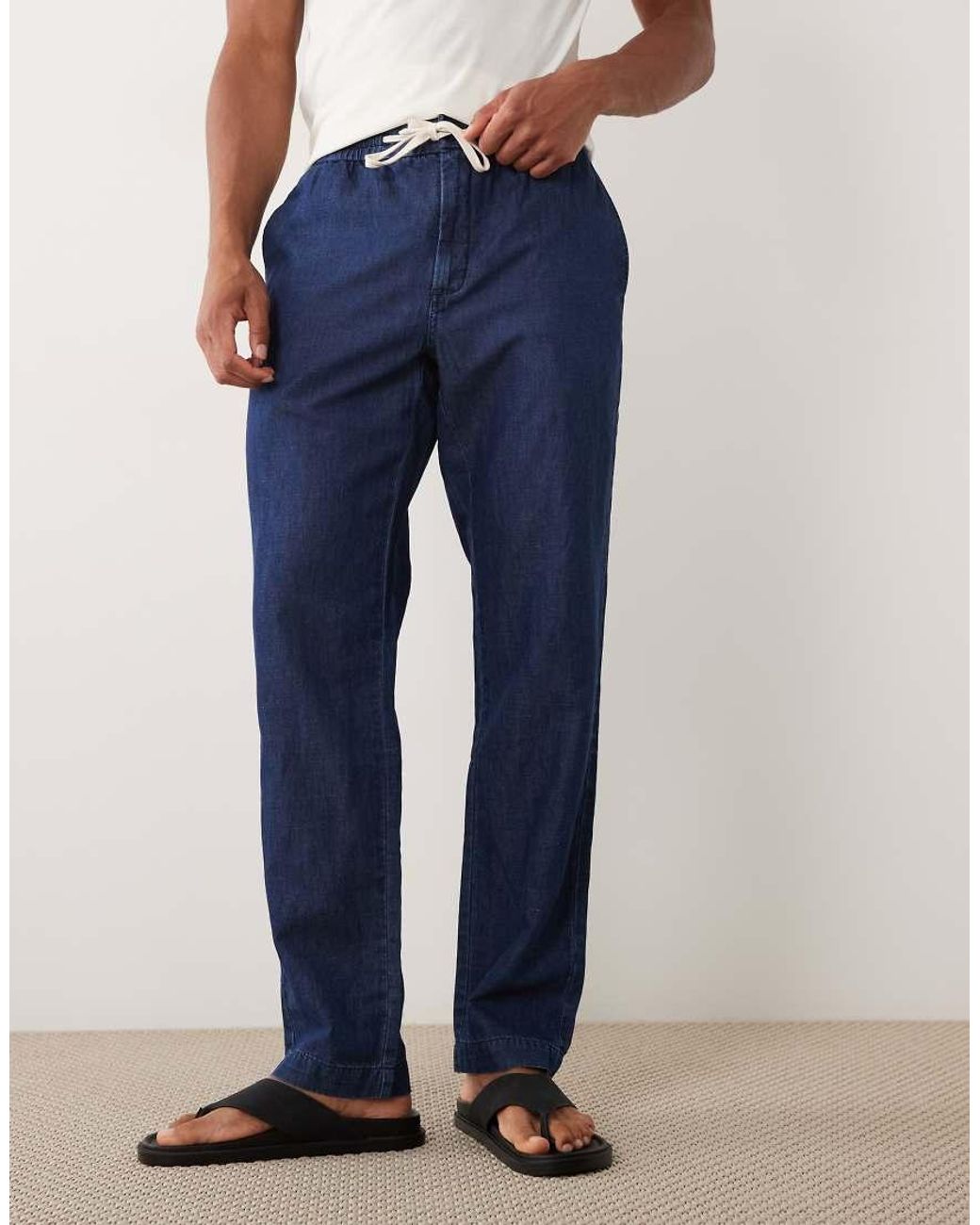 Mango Blue Linen Blend Denim Look Draw String Trousers for men