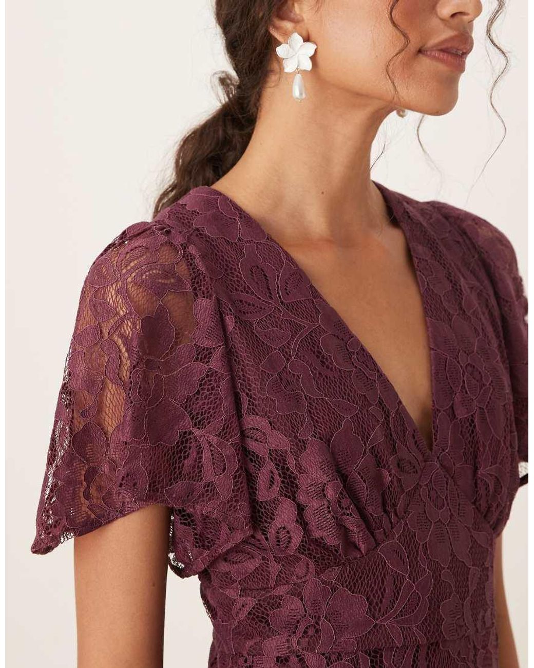 Maya Purple Lace V Neck Angel Sleeve Maxi Dress