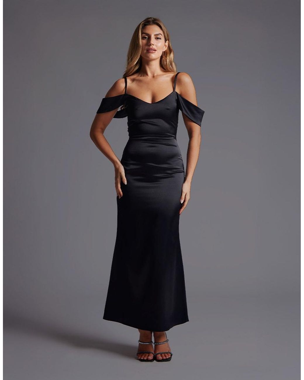 Vesper Black Bardot Satin Maxi Dress