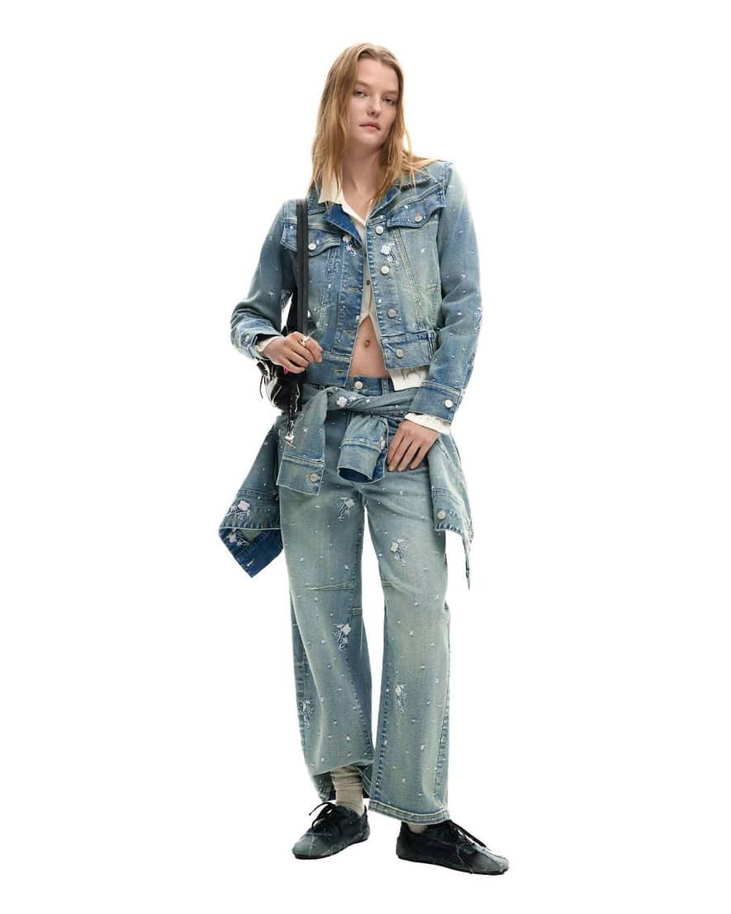 Desigual Blue Embroidered Trucker Jacket, Cotton