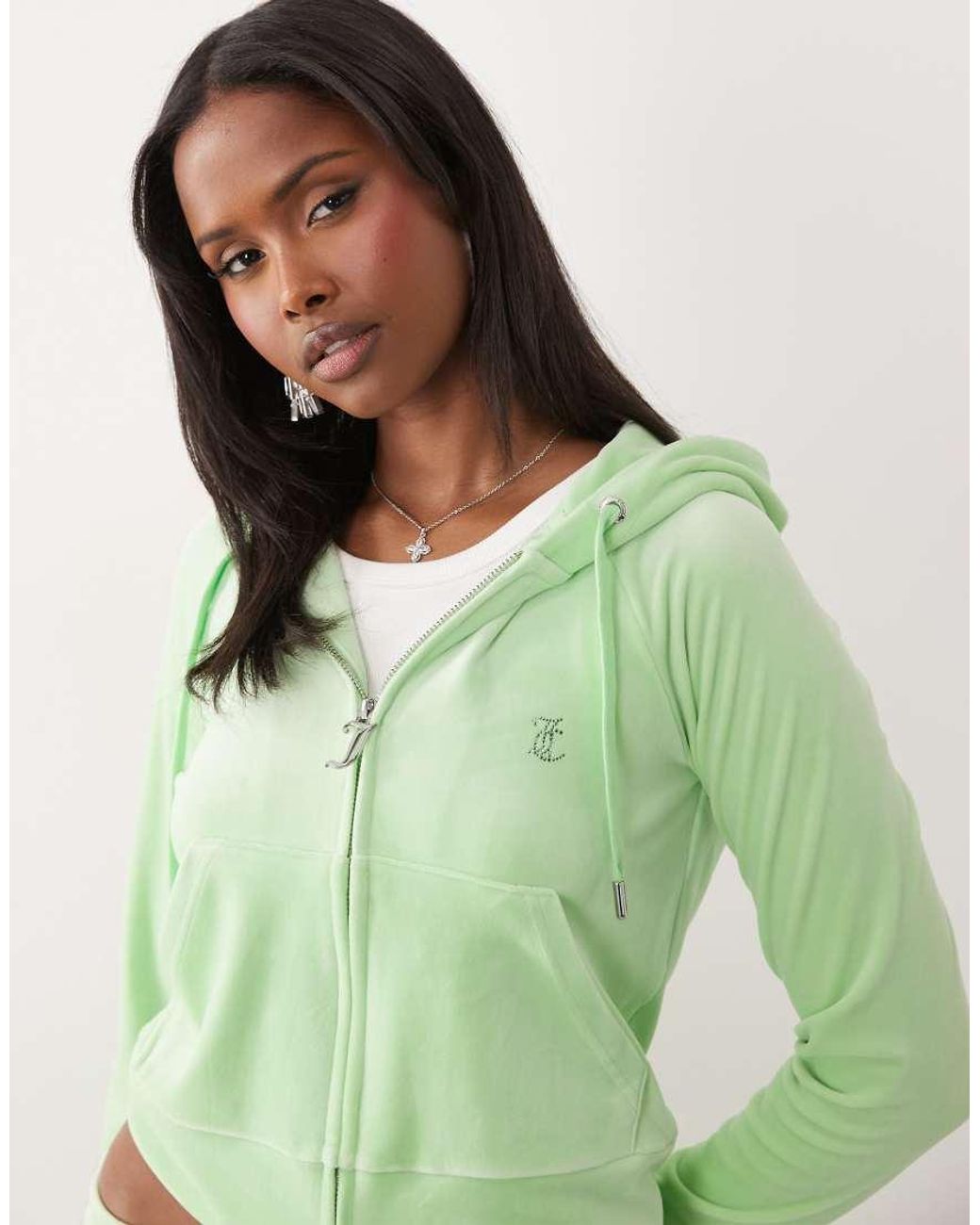 Juicy Couture Green Velour Diamante Logo Detail Zip Through Hoodie Co-ord