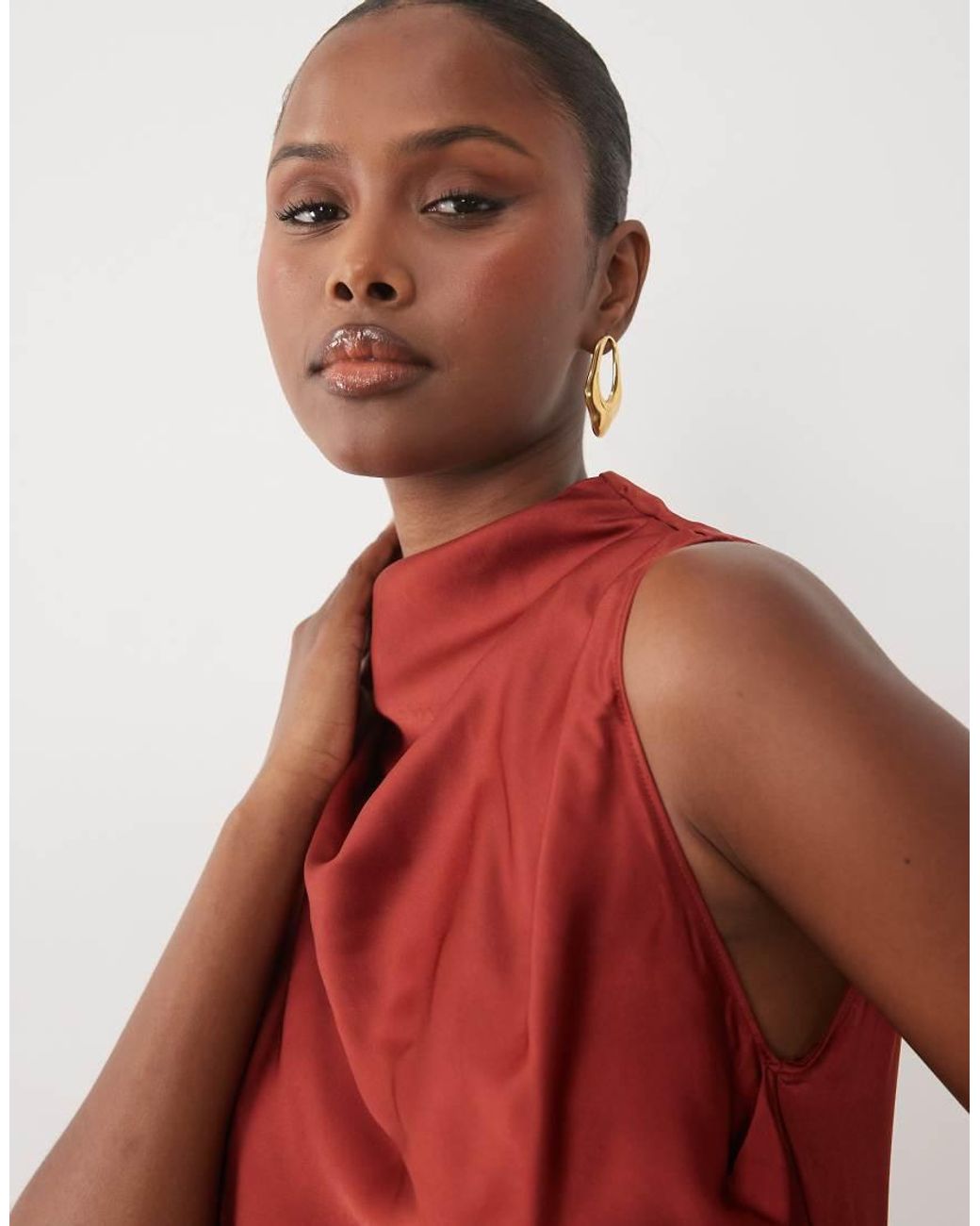 ASOS Pleated Gathered Bodice Satin Maxi Dress With High Neck