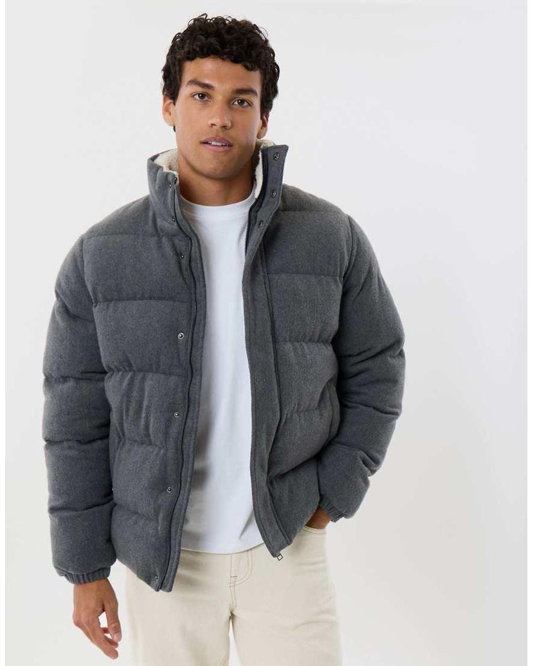Threadbare Gray Brushed Funnel Neck Puffer Coat for men