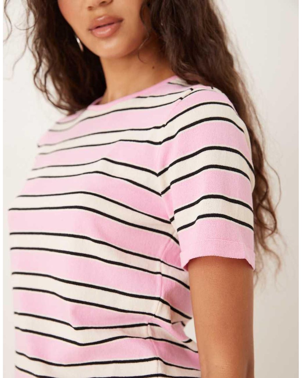 Mango Red Round Neck Slim Fit Striped Top