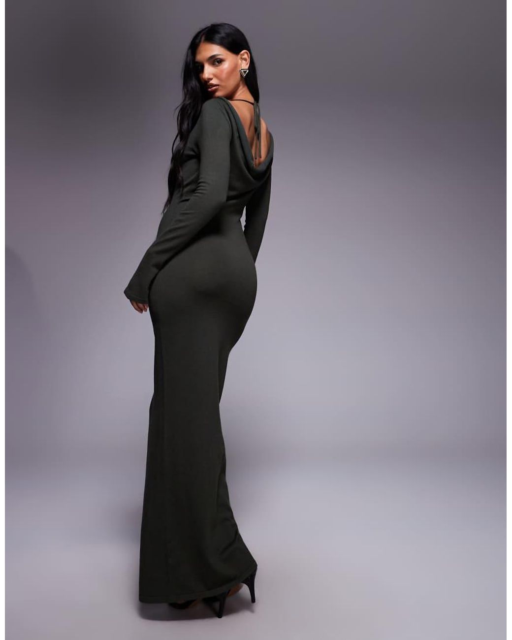 Kaiia Gray Exclusive Fine Knit Cowl Tie Back Long Sleeve Maxi Dress