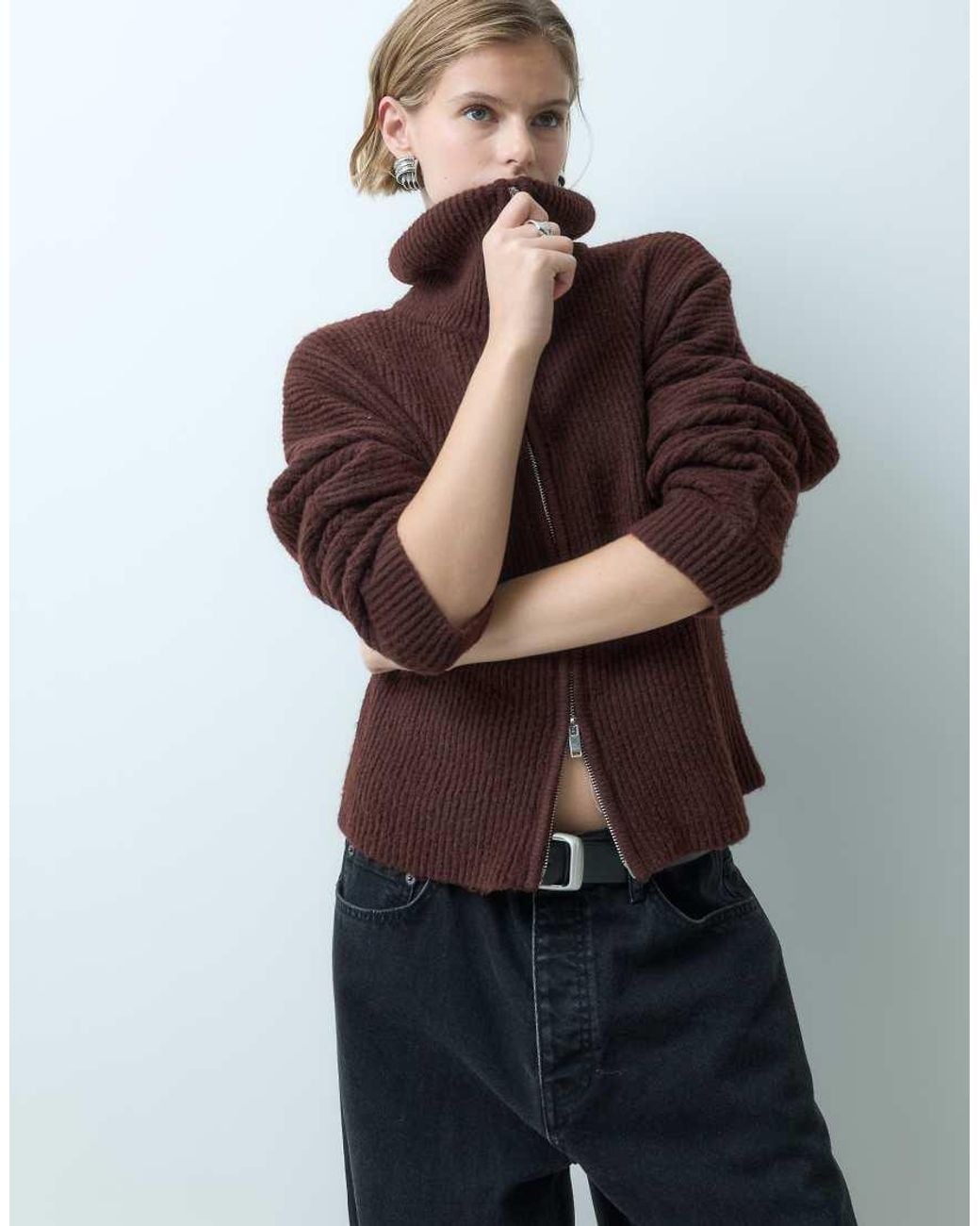 Miss Selfridge Brown Chunky Rib Knit Zip Batwing Cardigan