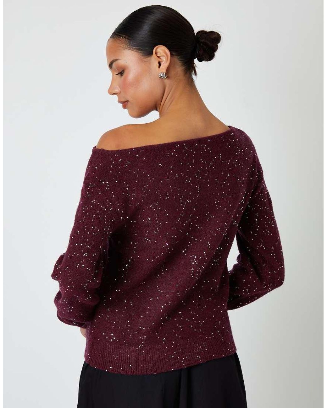 Threadbare Red Knitted Sequin Slash Neck Jumper