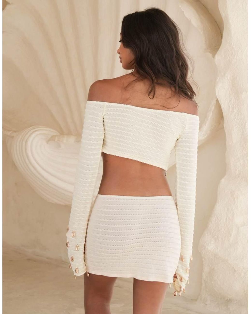 Moda Minx Natural X Alejandra Vidal Knitted Long Sleeve Top And Mini Skirt Set With Shell Trim Detail