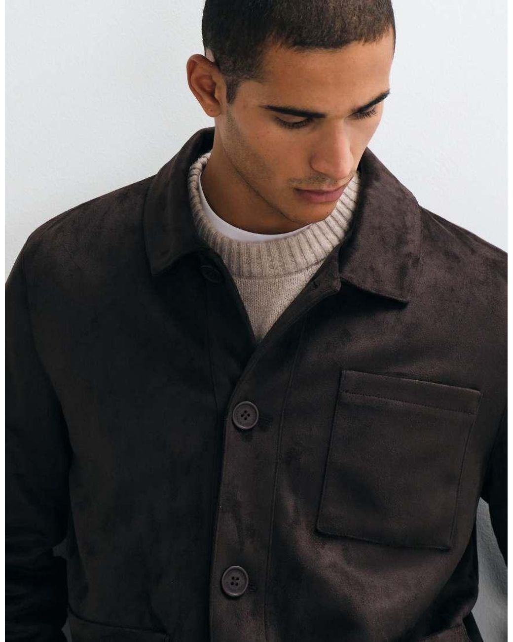 Threadbare Blue Faux Suede Button Up Collared Jacket for men