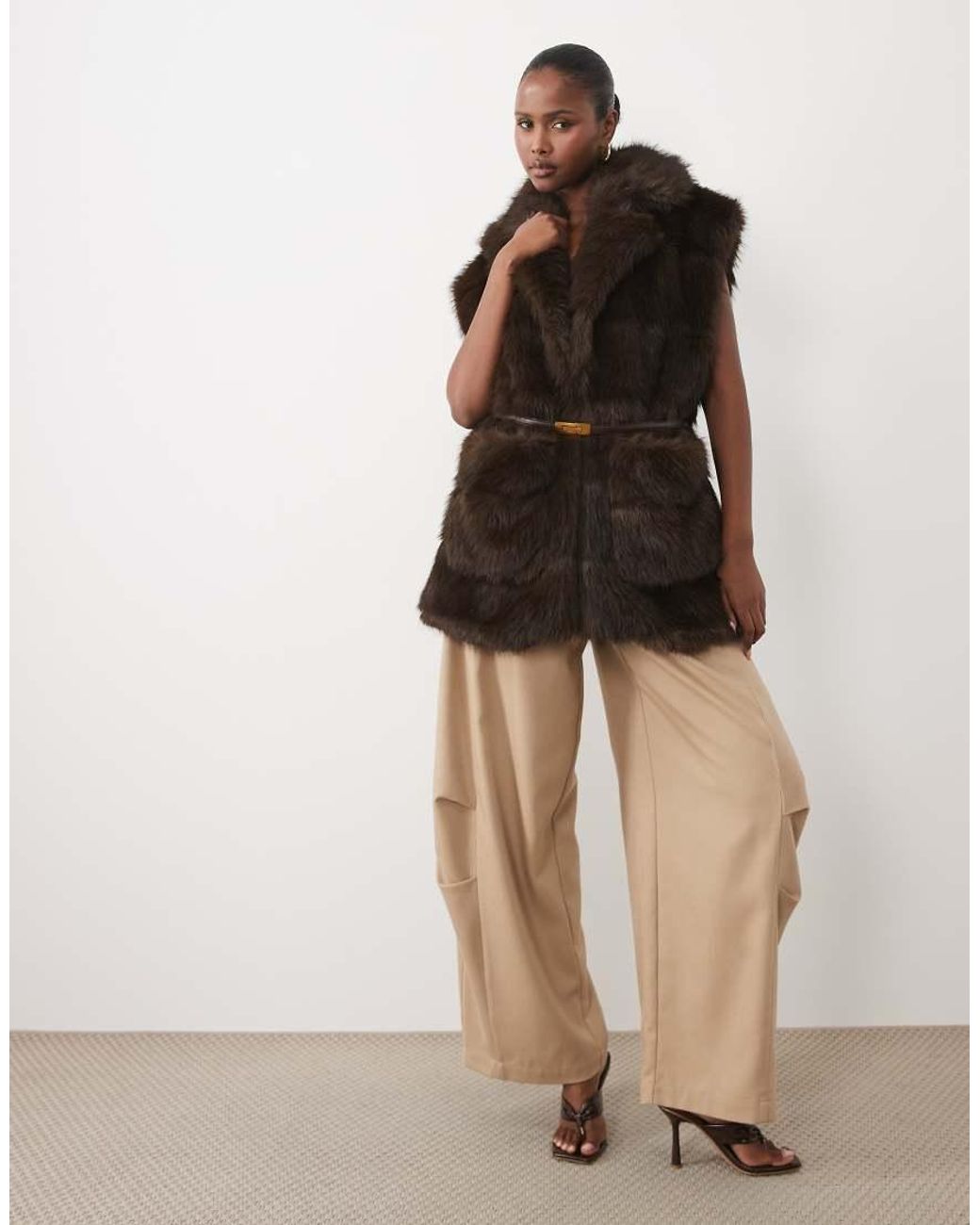 Bardot Brown Faux Fur Longline Gilet With Belt Detail