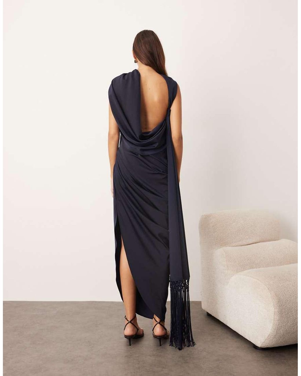 ARRANGE Blue Scarf Neck Draped Maxi Dress With Low Back And Train