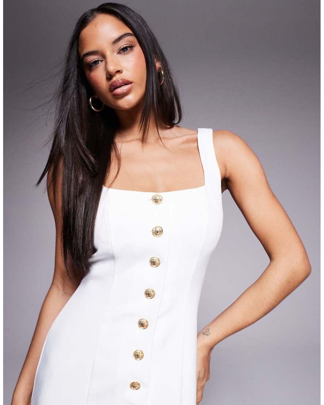 Kaiia White Exclusive Tailored Square Neck Button Detail Mini Dress