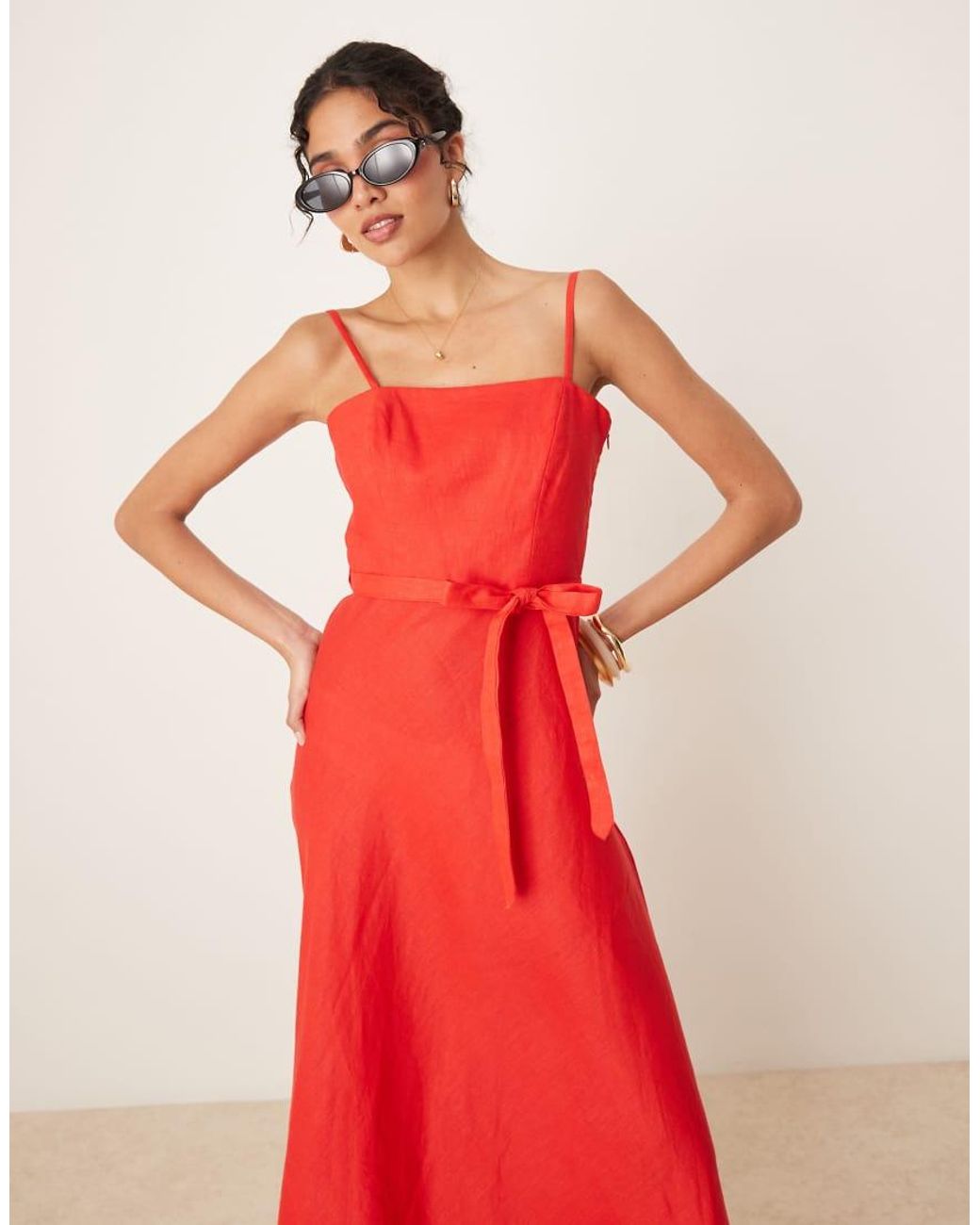mango red linen dress Bow linen-blend dress - Women