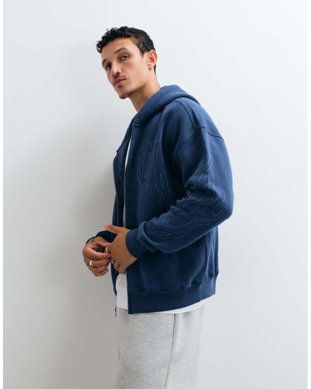Hollister Blue Logo Boxy Fit Hoodie With Sleeve Detail for men