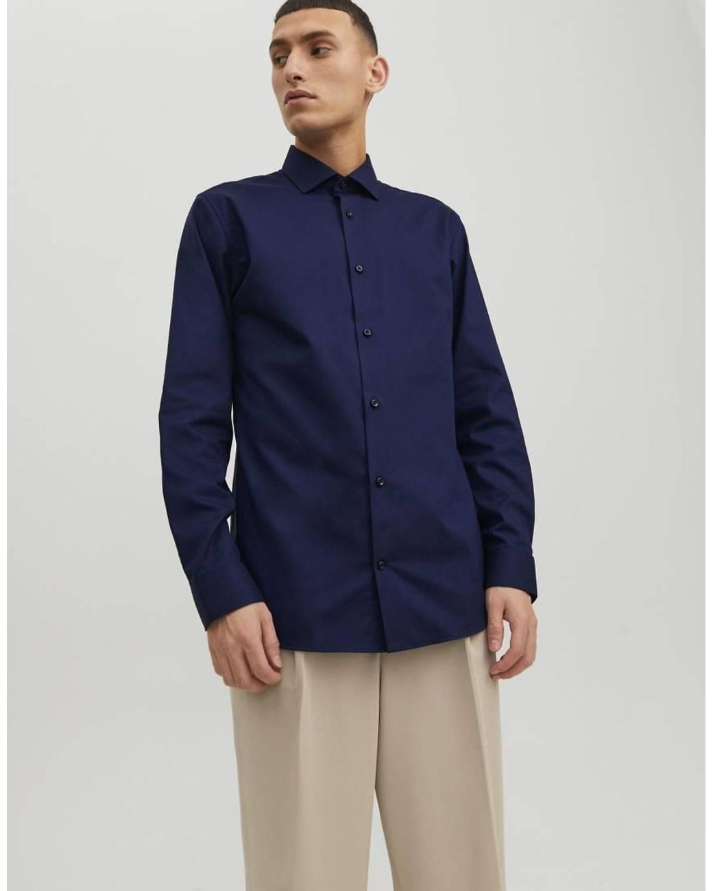 Jack & Jones Blue Parker Slim Fit Spread Collar Long Sleeve Shirt for men