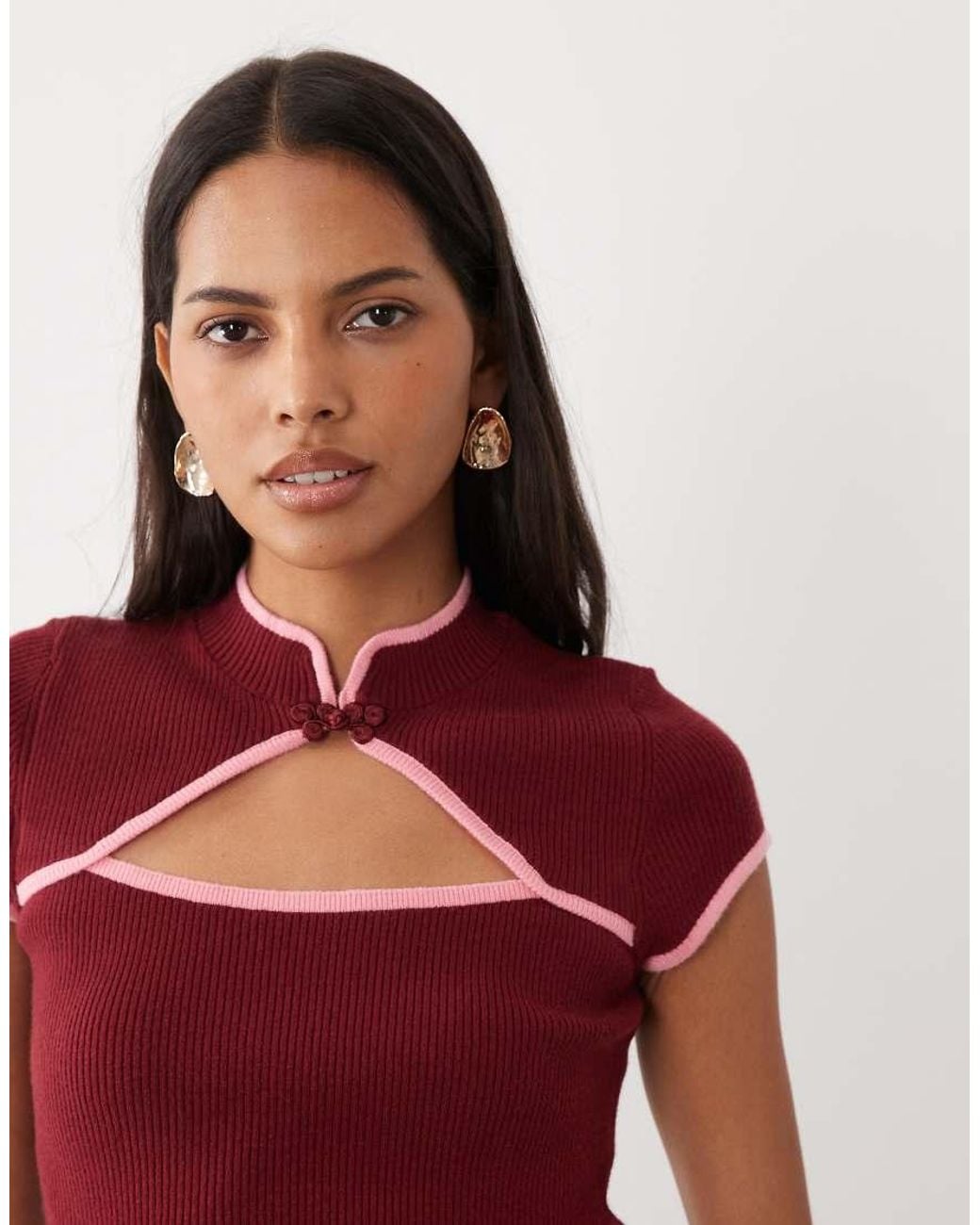 ASOS Red Mandarin Style Top With Contrast Tipping