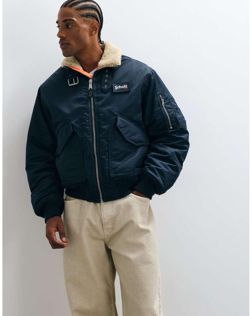 Schott Nyc Blue Logo Patch Padded Buckle Collar Detail Bomber Jacket for men