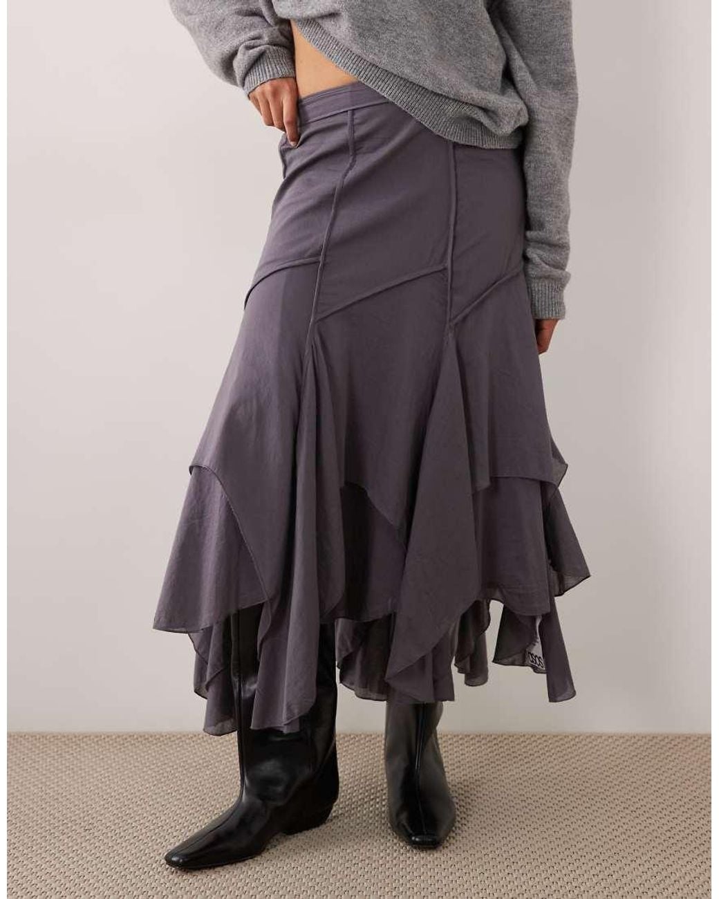 ASOS Gray Asymmetric And Seam Detail Midi Skirt