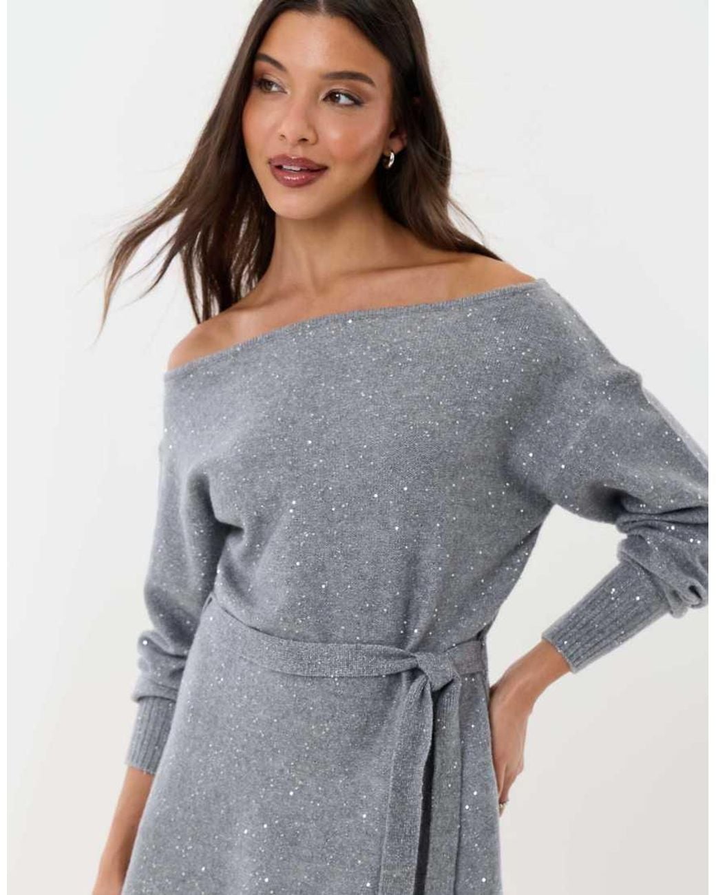 Threadbare Gray Knitted Sequin Slash Neck Mini Dress