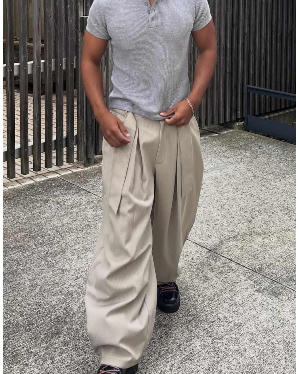 Bershka Gray Tall Barrel-Leg Trousers With Darts And Belt for men