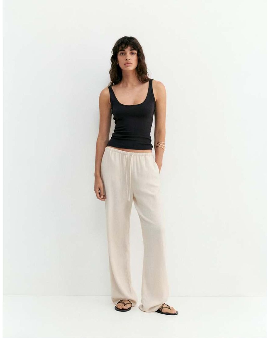 Pull&Bear White Flowing Viscose Linen Blend Trousers