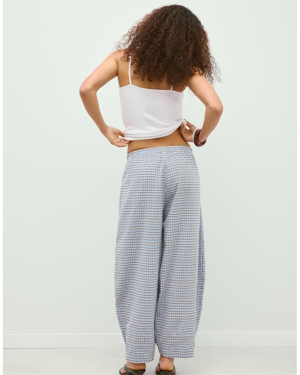 Stradivarius White Flowing Barrel Check Trousers