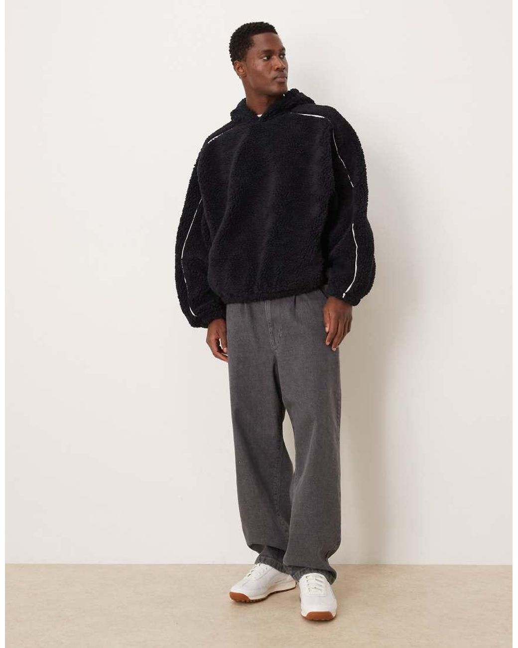 ASOS Black Extreme Oversized Borg Hoodie With Piping for men