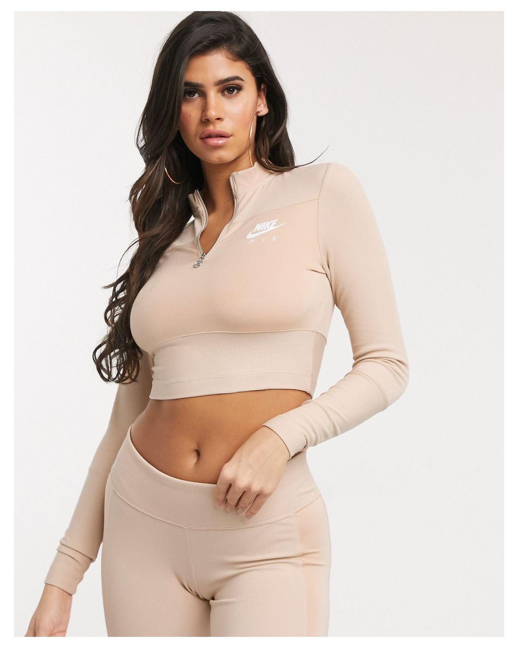 Nike Air Ribbed High Neck Light Beige Long Sleeve Top in Natural | Lyst  Australia
