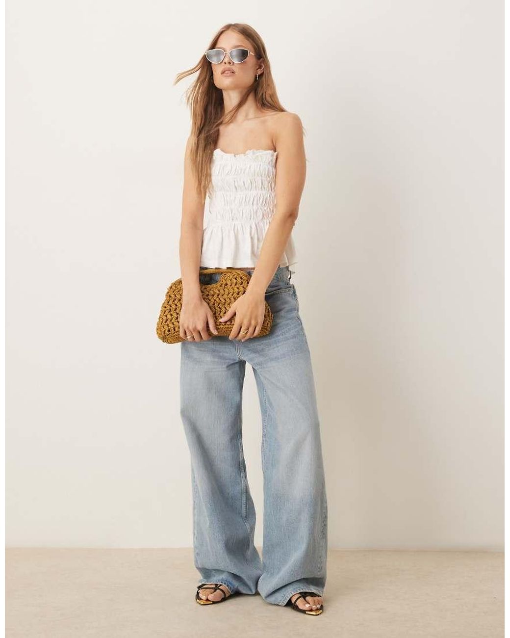 ASOS White Shirred Bandeau Top With Broderie Trim