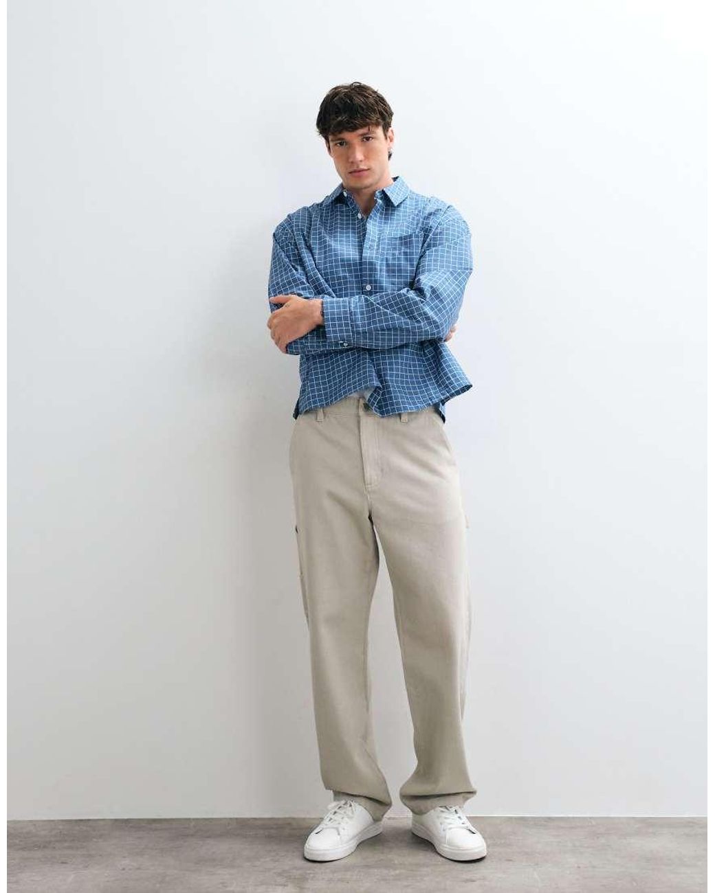 ASOS Blue Boxy Oversized Micro Check Shirt for men