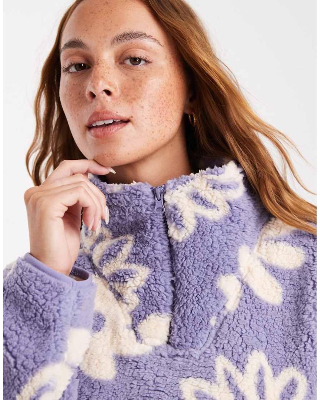Brave Soul Purple Flower Print 3/4 Zip Fleece
