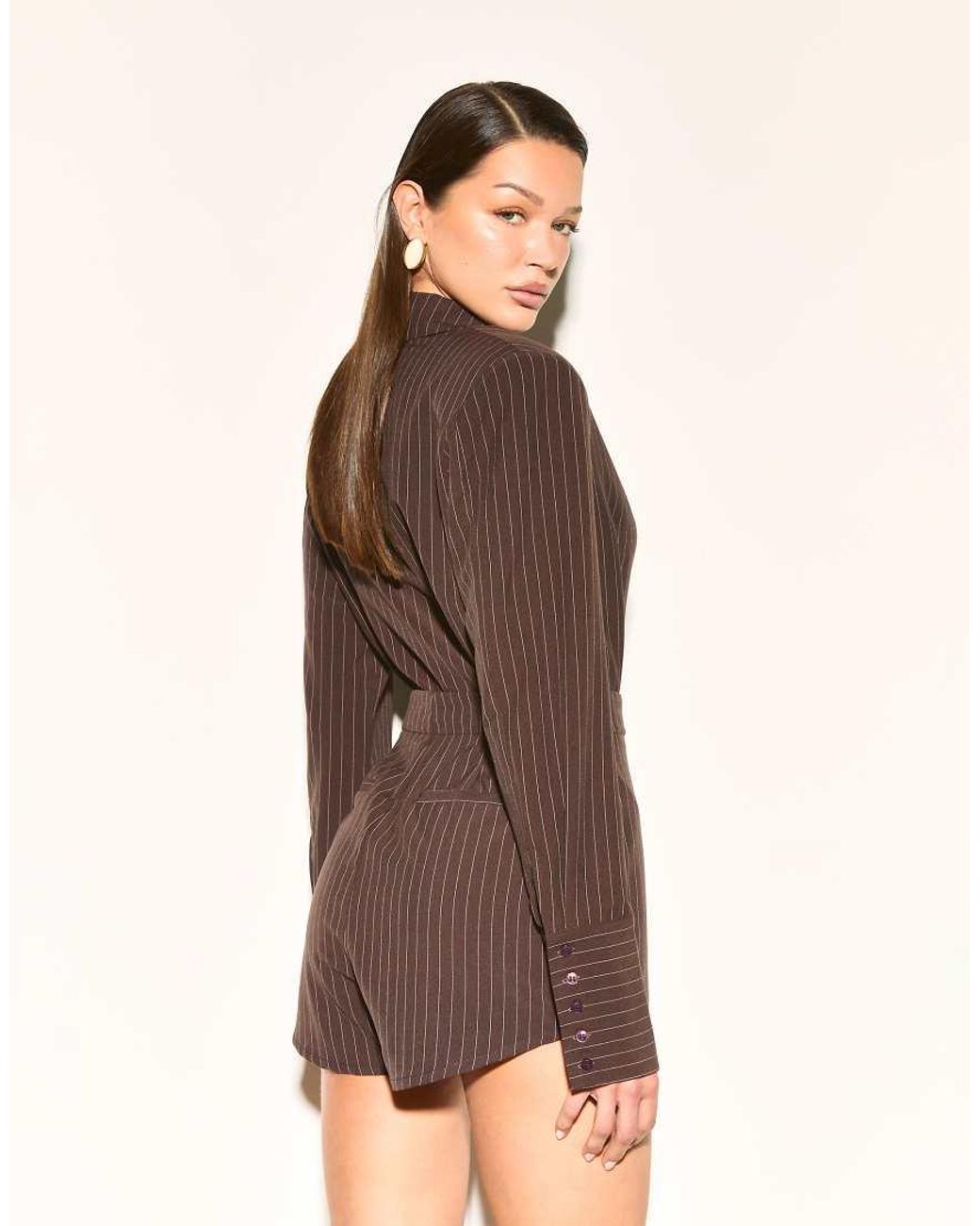 Noughts & Kisses Brown Shoulder Pad Tailored Deep Cuff Romper