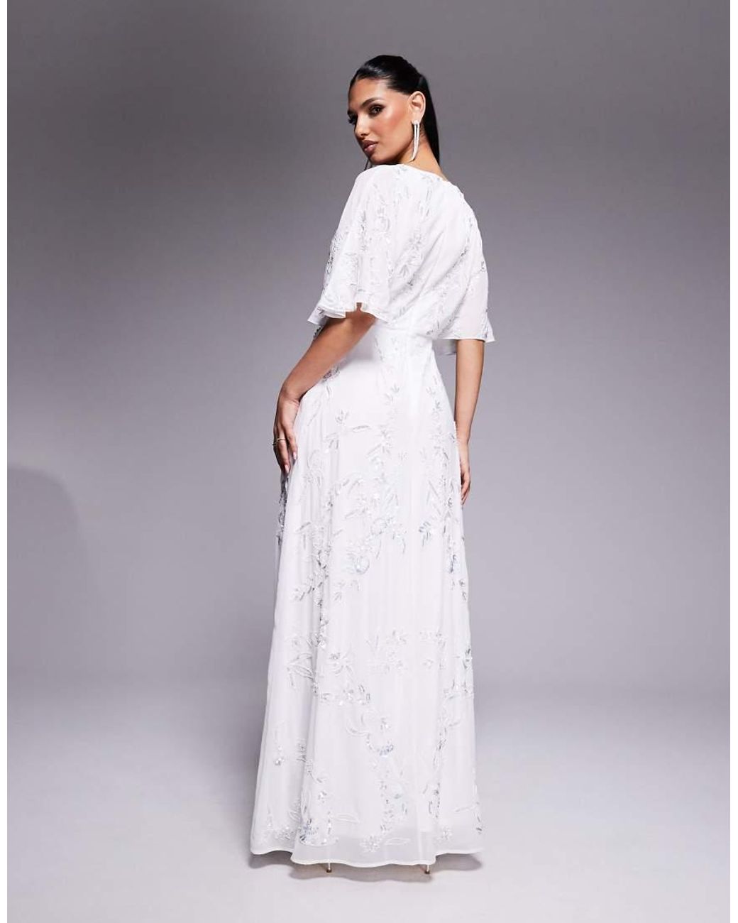 Maya Gray Bridal Floral Embellished Cape Sleeve Faux Wrap Maxi Dress