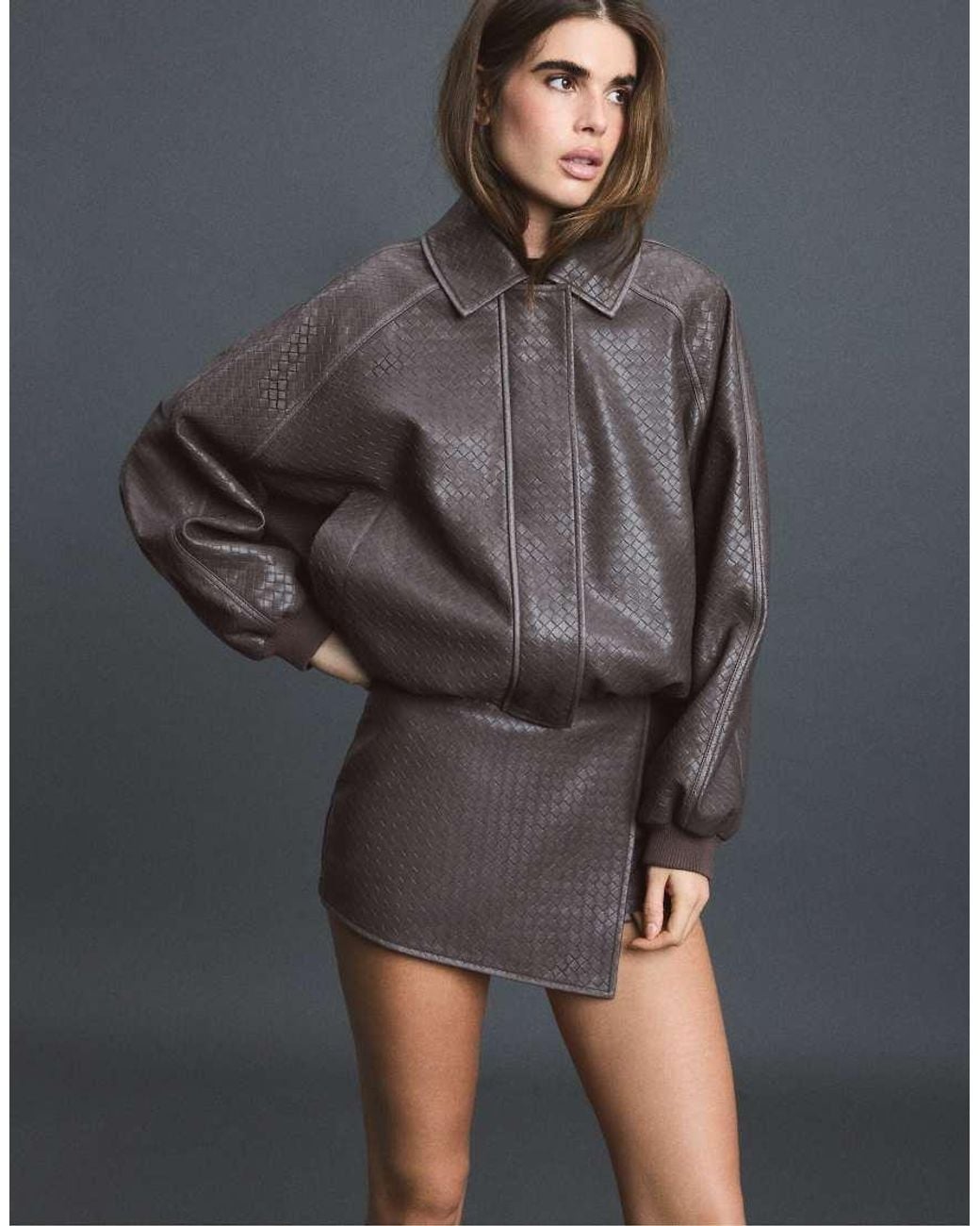 Stradivarius Gray Braided Leather Effect Bomber Jacket