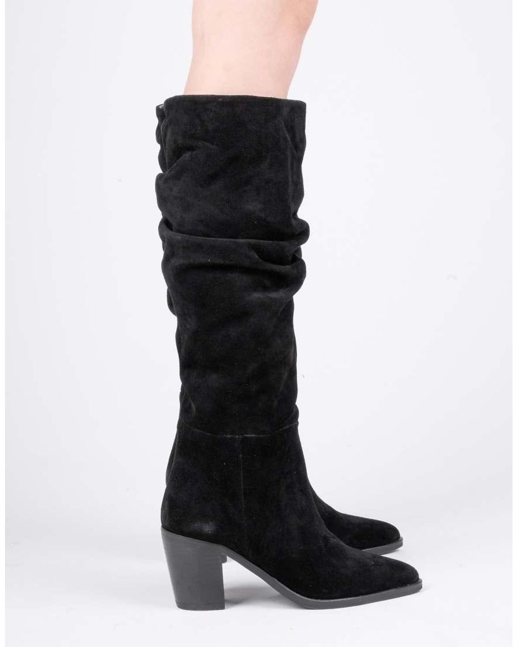 OFF THE HOOK Black Muswell Suede Leather Slouchy Knee-High Block Heel Boots
